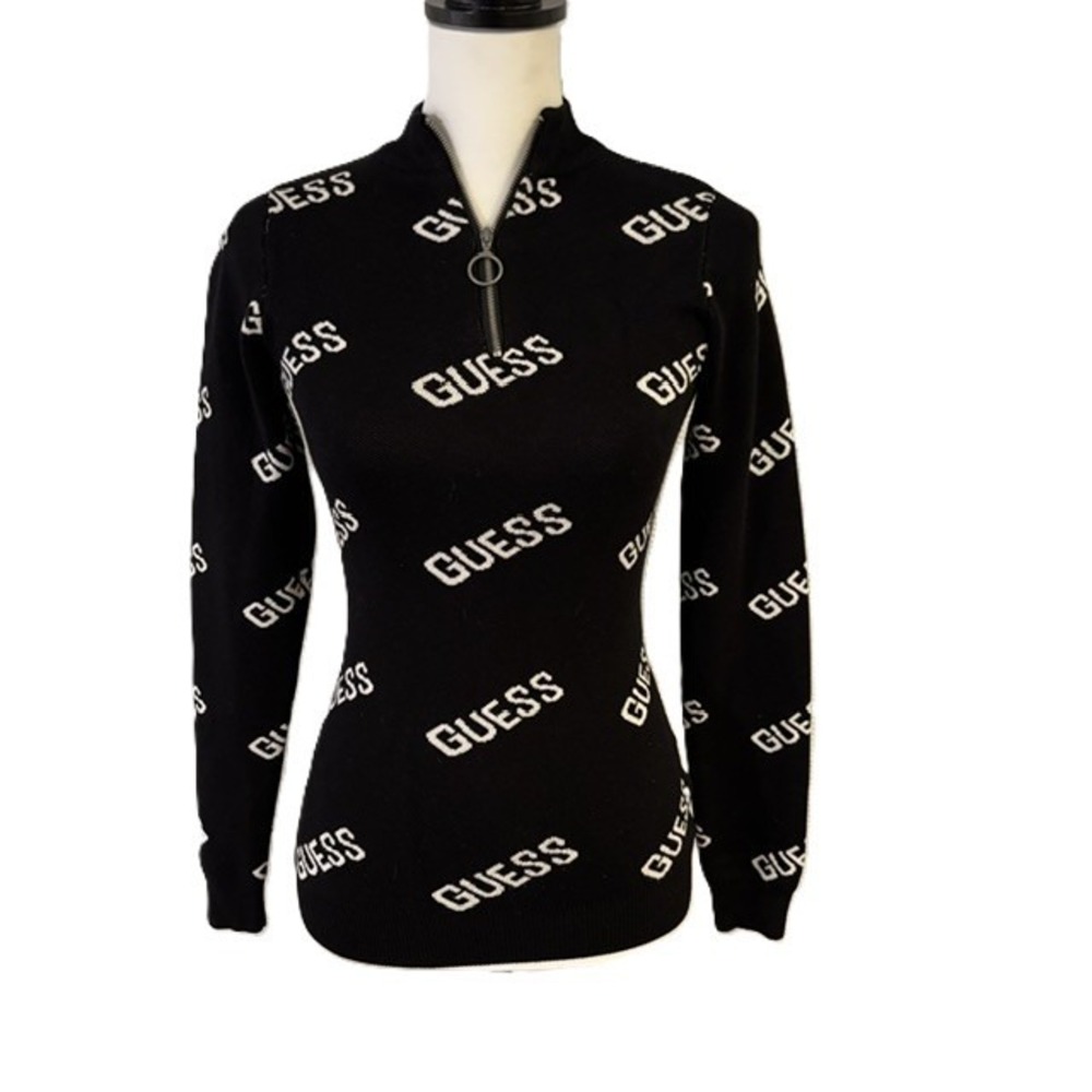 Guess Sweater Black White Logo Print Quarter Zip Women Size S Excellent
